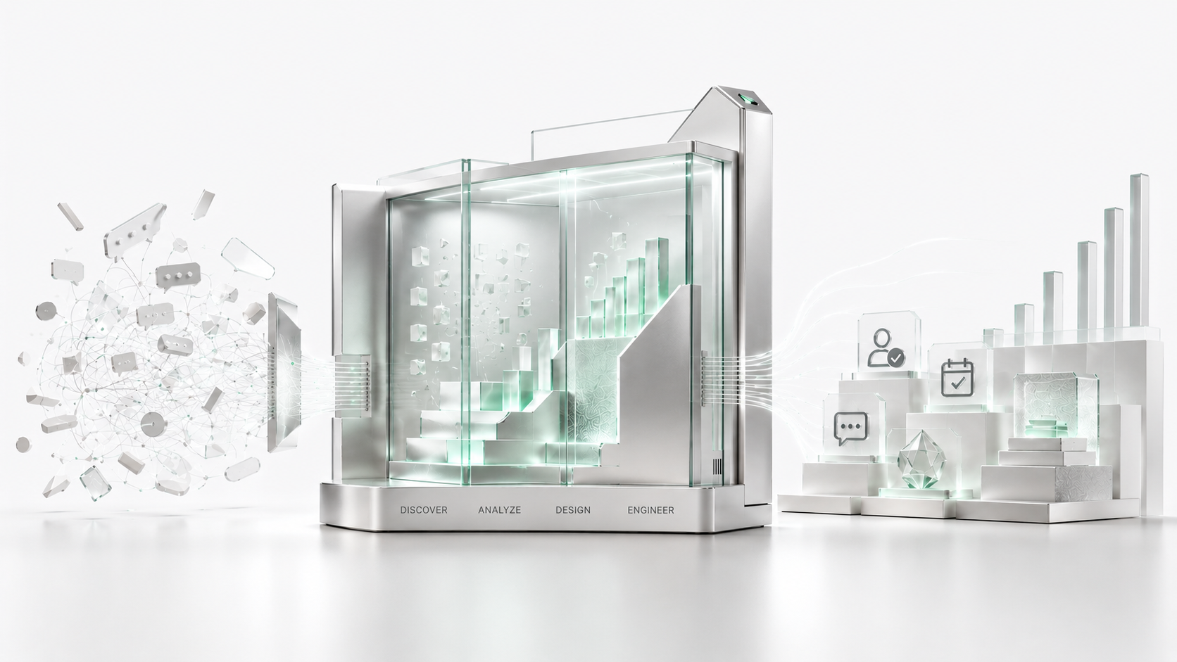 A premium custom AI systems visual showing discovery, analysis, design, and engineering assembled into a bespoke business operating system.