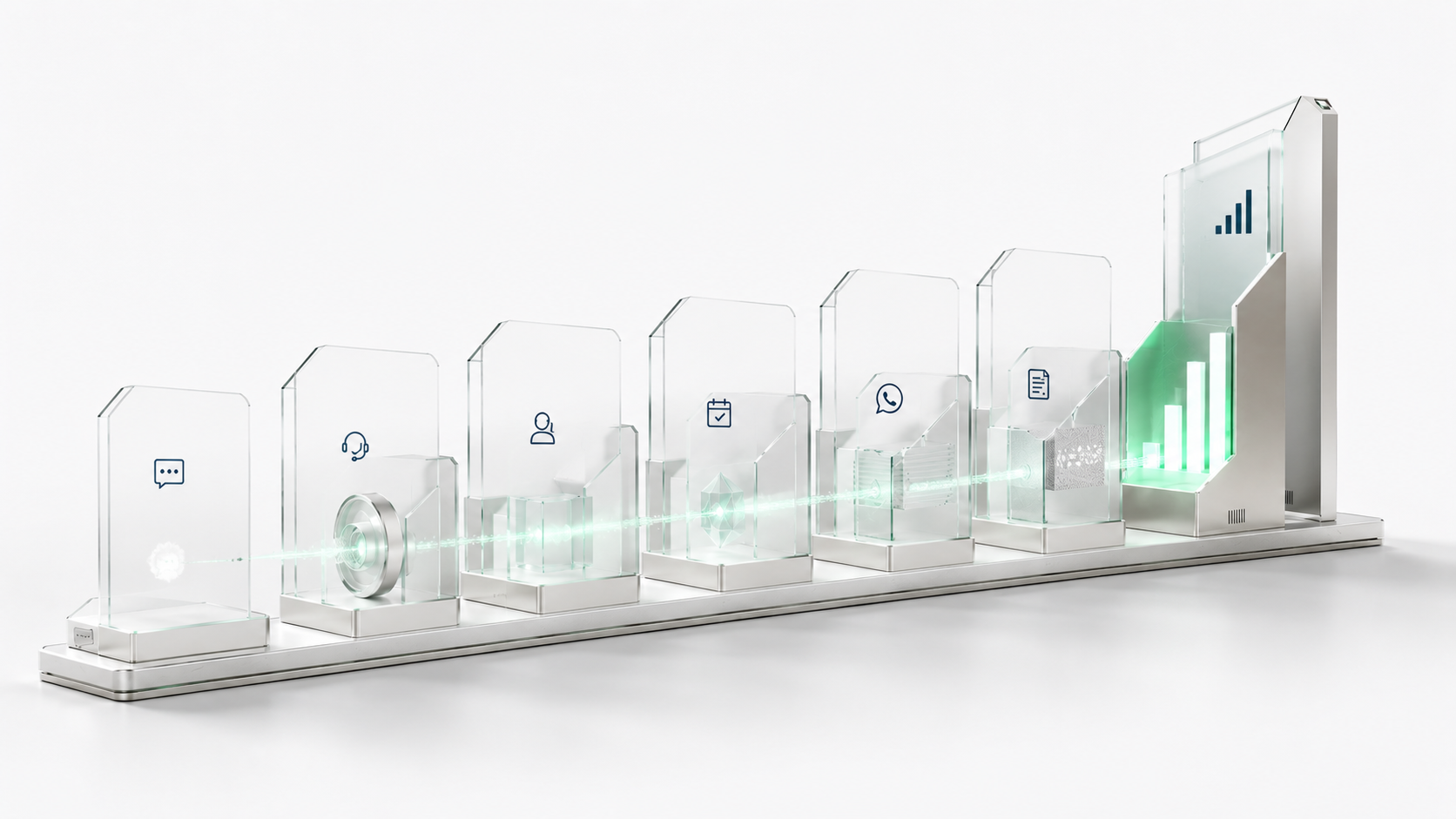 A premium glass process line visualizing the journey from communication input to AI receptionist, lead qualification, appointment confirmation, WhatsApp summary, end-of-conversation intelligence, and revenue intelligence.